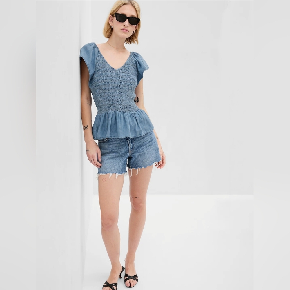 GAP Chambray Smocked Blouse with Ruffle Sleeves